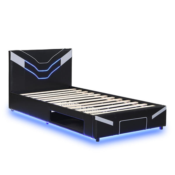 English Elm Twin Gaming Platform Bed PU Leather Frame with LED Lighting and Under Storage Drawers Gray SF000226AAE
