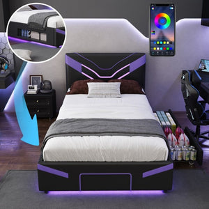 English Elm Twin Gaming Platform Bed PU Leather Frame with LED Lighting and Under Storage Drawers Purple SF000226AAI