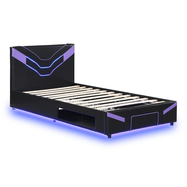 English Elm Twin Gaming Platform Bed PU Leather Frame with LED Lighting and Under Storage Drawers Purple SF000226AAI