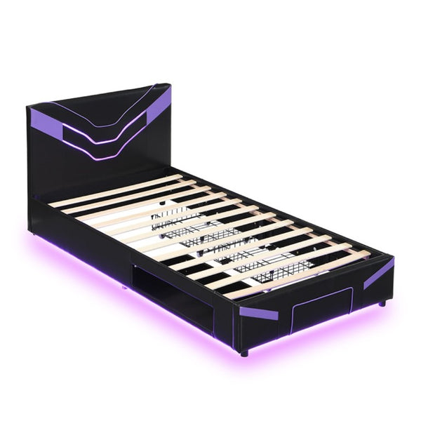 English Elm Twin Gaming Platform Bed PU Leather Frame with LED Lighting and Under Storage Drawers Purple SF000226AAI