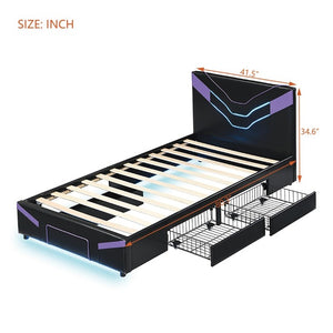 English Elm Twin Gaming Platform Bed PU Leather Frame with LED Lighting and Under Storage Drawers Purple SF000226AAI