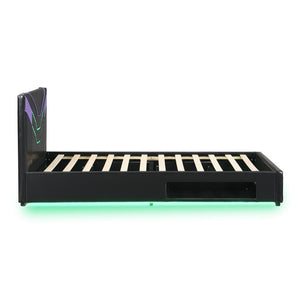 English Elm Twin Gaming Platform Bed PU Leather Frame with LED Lighting and Under Storage Drawers Purple SF000226AAI