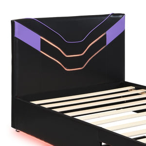 English Elm Twin Gaming Platform Bed PU Leather Frame with LED Lighting and Under Storage Drawers Purple SF000226AAI