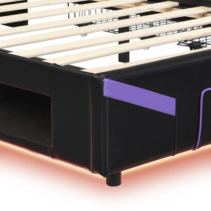 English Elm Twin Gaming Platform Bed PU Leather Frame with LED Lighting and Under Storage Drawers Purple SF000226AAI