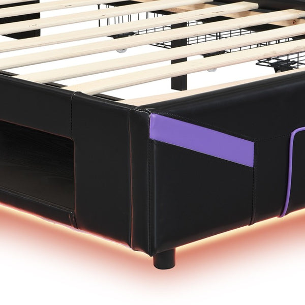 English Elm Twin Gaming Platform Bed PU Leather Frame with LED Lighting and Under Storage Drawers Purple SF000226AAI