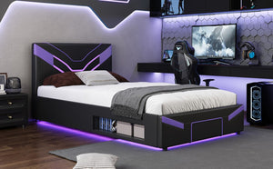 English Elm Twin Gaming Platform Bed PU Leather Frame with LED Lighting and Under Storage Drawers Purple SF000226AAI