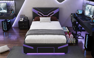 English Elm Twin Gaming Platform Bed PU Leather Frame with LED Lighting and Under Storage Drawers Purple SF000226AAI