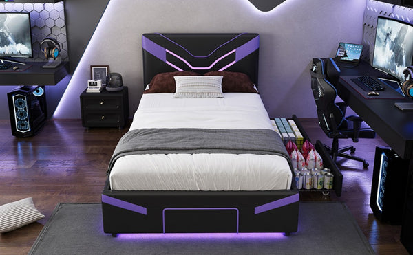 English Elm Twin Gaming Platform Bed PU Leather Frame with LED Lighting and Under Storage Drawers Purple SF000226AAI