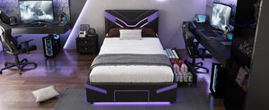 English Elm Twin Gaming Platform Bed PU Leather Frame with LED Lighting and Under Storage Drawers Purple SF000226AAI