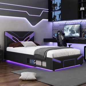 English Elm Twin Gaming Platform Bed PU Leather Frame with LED Lighting and Under Storage Drawers Purple SF000226AAI