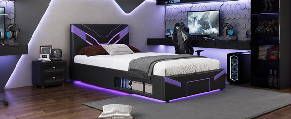 English Elm Twin Gaming Platform Bed PU Leather Frame with LED Lighting and Under Storage Drawers Purple SF000226AAI