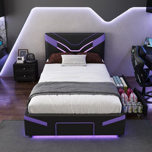 English Elm Twin Gaming Platform Bed PU Leather Frame with LED Lighting and Under Storage Drawers Purple SF000226AAI