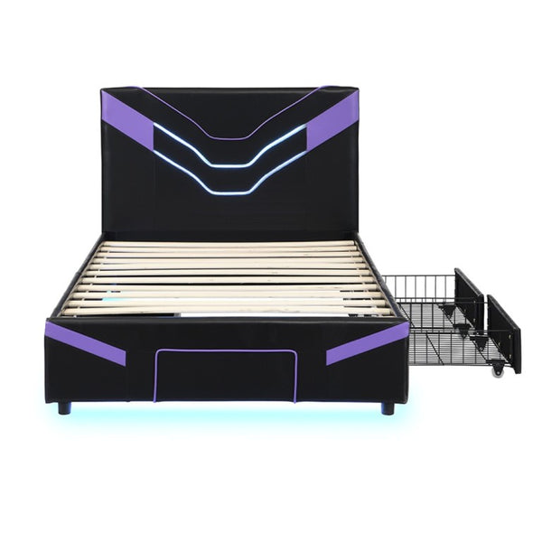 English Elm Twin Gaming Platform Bed PU Leather Frame with LED Lighting and Under Storage Drawers Purple SF000226AAI