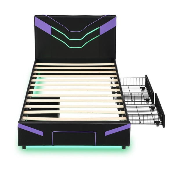English Elm Twin Gaming Platform Bed PU Leather Frame with LED Lighting and Under Storage Drawers Purple SF000226AAI