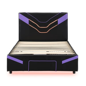 English Elm Twin Gaming Platform Bed PU Leather Frame with LED Lighting and Under Storage Drawers Purple SF000226AAI