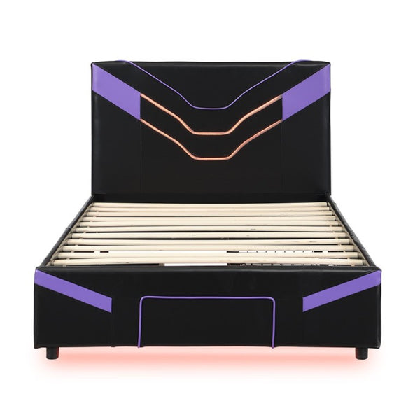English Elm Twin Gaming Platform Bed PU Leather Frame with LED Lighting and Under Storage Drawers Purple SF000226AAI