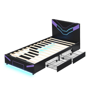 English Elm Twin Gaming Platform Bed PU Leather Frame with LED Lighting and Under Storage Drawers Purple SF000226AAI