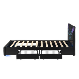 English Elm Twin Gaming Platform Bed PU Leather Frame with LED Lighting and Under Storage Drawers Purple SF000226AAI
