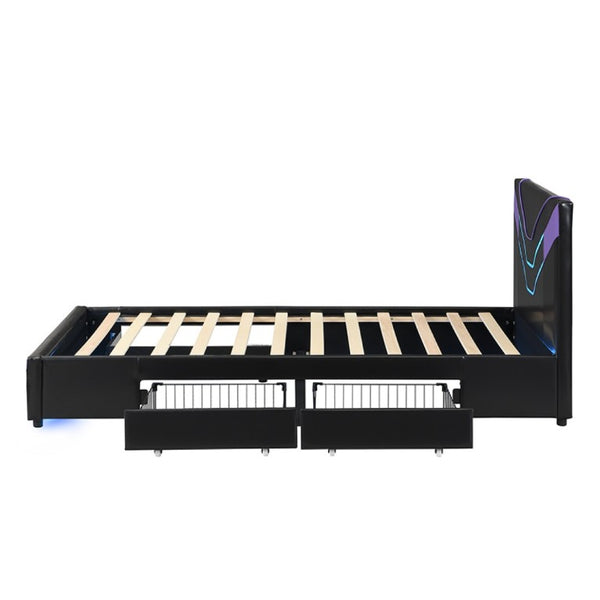 English Elm Twin Gaming Platform Bed PU Leather Frame with LED Lighting and Under Storage Drawers Purple SF000226AAI