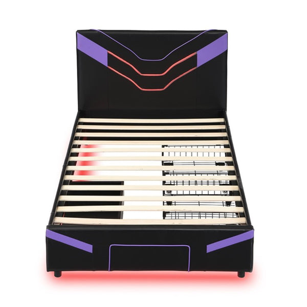 English Elm Twin Gaming Platform Bed PU Leather Frame with LED Lighting and Under Storage Drawers Purple SF000226AAI
