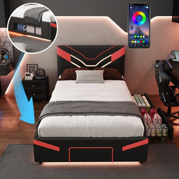 English Elm Twin Gaming Platform Bed PU Leather Frame with LED Lighting and Under Storage Drawers Red SF000226AAJ