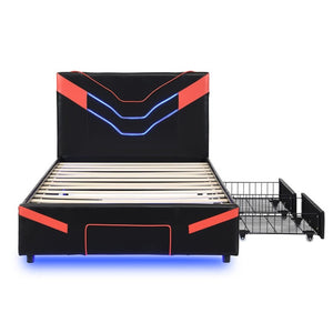 English Elm Twin Gaming Platform Bed PU Leather Frame with LED Lighting and Under Storage Drawers Red SF000226AAJ