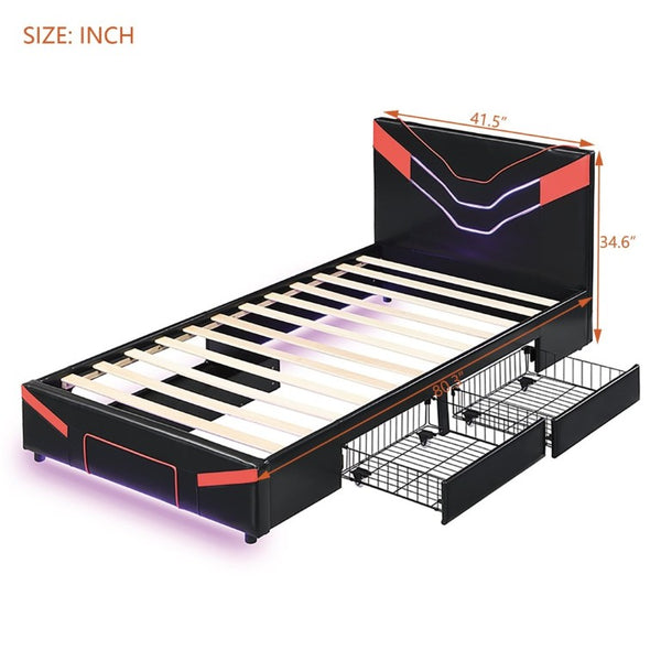 English Elm Twin Gaming Platform Bed PU Leather Frame with LED Lighting and Under Storage Drawers Red SF000226AAJ