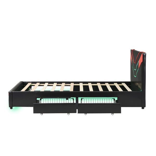 English Elm Twin Gaming Platform Bed PU Leather Frame with LED Lighting and Under Storage Drawers Red SF000226AAJ