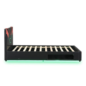 English Elm Twin Gaming Platform Bed PU Leather Frame with LED Lighting and Under Storage Drawers Red SF000226AAJ