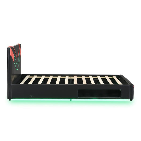 English Elm Twin Gaming Platform Bed PU Leather Frame with LED Lighting and Under Storage Drawers Red SF000226AAJ