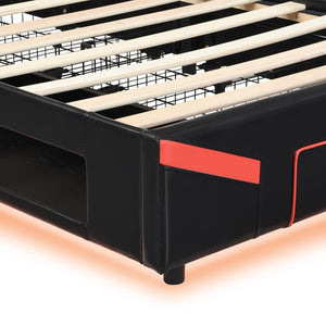 English Elm Twin Gaming Platform Bed PU Leather Frame with LED Lighting and Under Storage Drawers Red SF000226AAJ