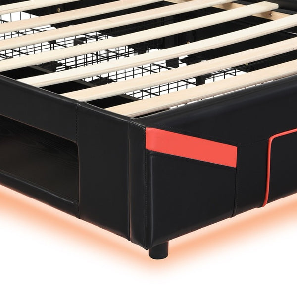 English Elm Twin Gaming Platform Bed PU Leather Frame with LED Lighting and Under Storage Drawers Red SF000226AAJ