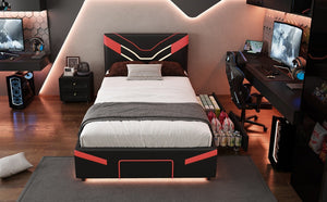 English Elm Twin Gaming Platform Bed PU Leather Frame with LED Lighting and Under Storage Drawers Red SF000226AAJ