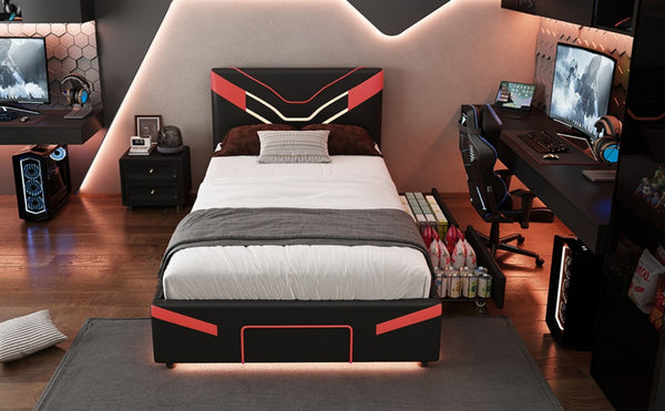 English Elm Twin Gaming Platform Bed PU Leather Frame with LED Lighting and Under Storage Drawers Red SF000226AAJ