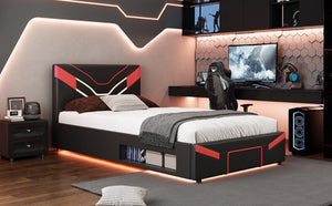 English Elm Twin Gaming Platform Bed PU Leather Frame with LED Lighting and Under Storage Drawers Red SF000226AAJ
