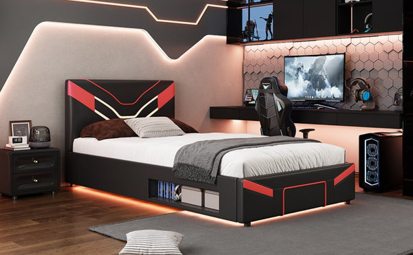 English Elm Twin Gaming Platform Bed PU Leather Frame with LED Lighting and Under Storage Drawers Red SF000226AAJ