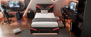 English Elm Twin Gaming Platform Bed PU Leather Frame with LED Lighting and Under Storage Drawers Red SF000226AAJ