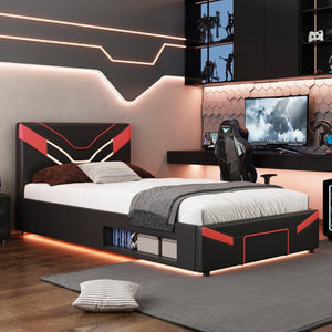 English Elm Twin Gaming Platform Bed PU Leather Frame with LED Lighting and Under Storage Drawers Red SF000226AAJ
