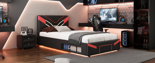 English Elm Twin Gaming Platform Bed PU Leather Frame with LED Lighting and Under Storage Drawers Red SF000226AAJ