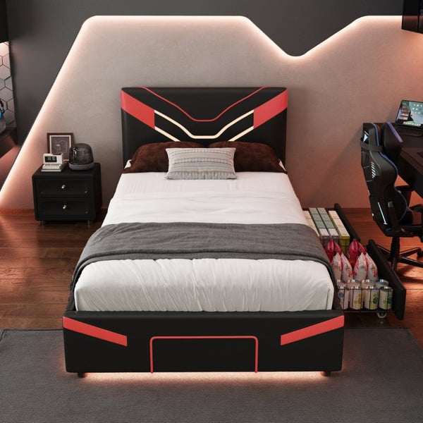 English Elm Twin Gaming Platform Bed PU Leather Frame with LED Lighting and Under Storage Drawers Red SF000226AAJ