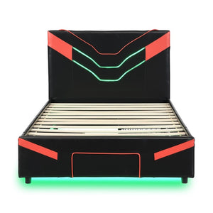 English Elm Twin Gaming Platform Bed PU Leather Frame with LED Lighting and Under Storage Drawers Red SF000226AAJ