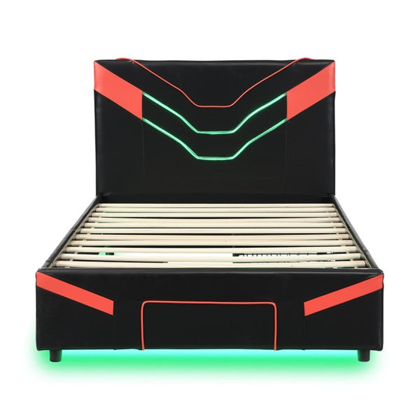 English Elm Twin Gaming Platform Bed PU Leather Frame with LED Lighting and Under Storage Drawers Red SF000226AAJ