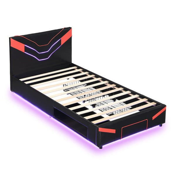 English Elm Twin Gaming Platform Bed PU Leather Frame with LED Lighting and Under Storage Drawers Red SF000226AAJ