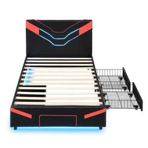 English Elm Twin Gaming Platform Bed PU Leather Frame with LED Lighting and Under Storage Drawers Red SF000226AAJ