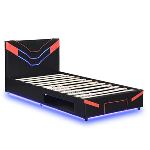 English Elm Twin Gaming Platform Bed PU Leather Frame with LED Lighting and Under Storage Drawers Red SF000226AAJ