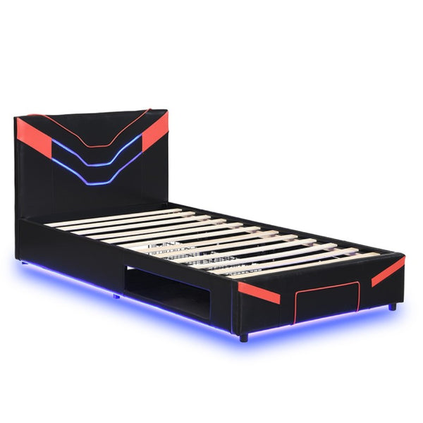 English Elm Twin Gaming Platform Bed PU Leather Frame with LED Lighting and Under Storage Drawers Red SF000226AAJ