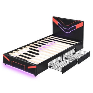 English Elm Twin Gaming Platform Bed PU Leather Frame with LED Lighting and Under Storage Drawers Red SF000226AAJ