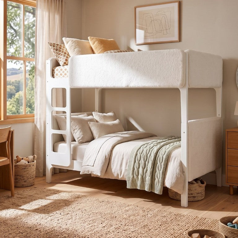 English Elm Twin Over Bunk Bed with Sherpa Upholstery Padded Guardrails for Kids Rooms White SF000236AAK
