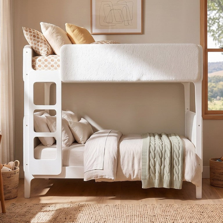 English Elm Twin Over Bunk Bed with Sherpa Upholstery Padded Guardrails for Kids Rooms White SF000236AAK