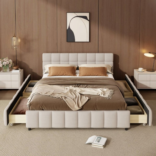 English Elm Queen Storage Platform Bed Linen Upholstered Tufted Headboard Four Drawer Modern Frame Beige SF000240AAA